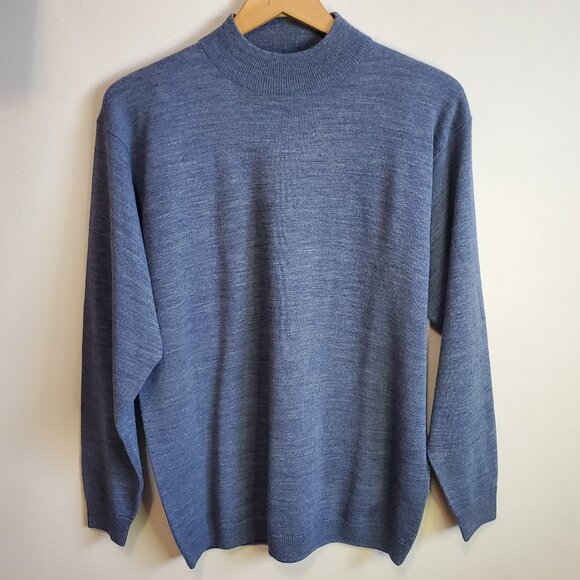 BELLISSIMO Vintage Merino Wool Blend Mock Neck Sweater Shirt Blue Men's Small - Picture 2 of 12